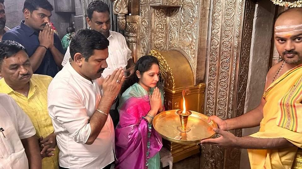 <div class="paragraphs"><p>B Y Vijayendra offers pooja at Sri Chamundeshwari Devi temple atop Chamundi hill in Mysuru on Saturday, August 3, 2024.</p></div>